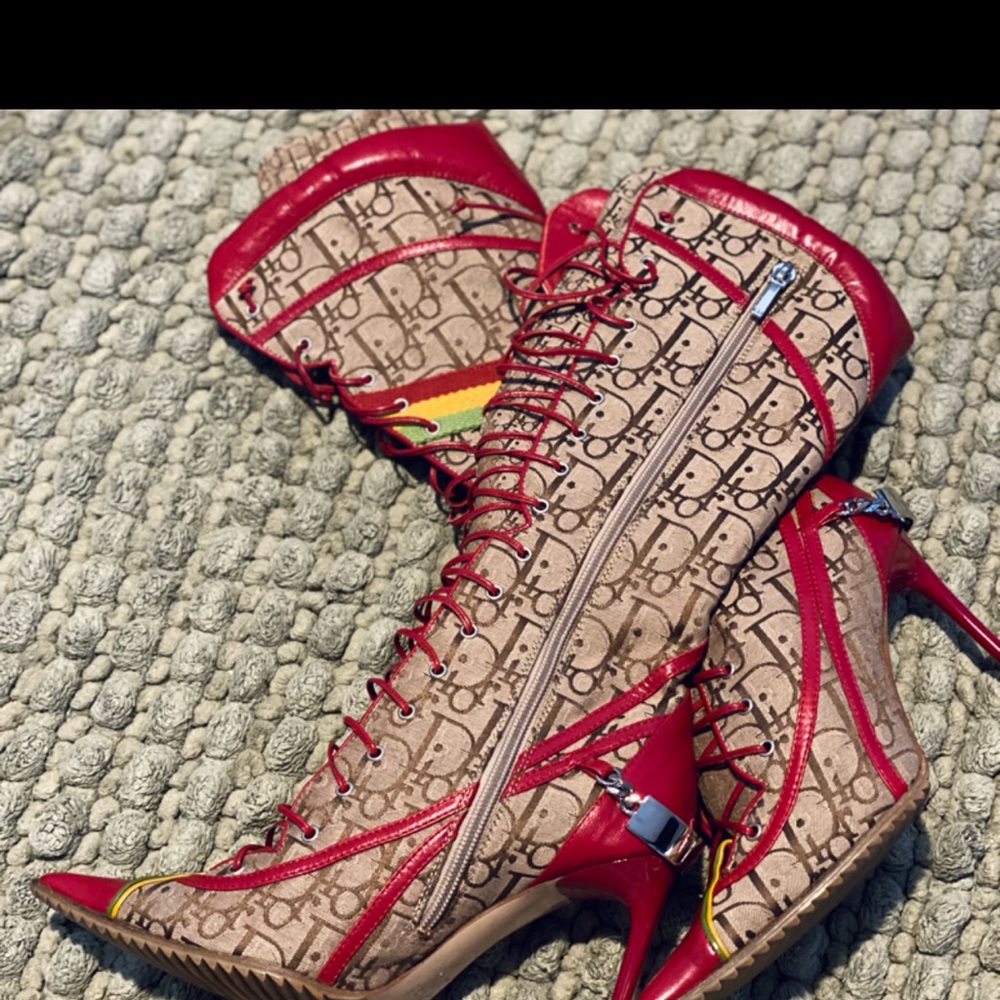 Dior Red and Tan Heeled Boots
